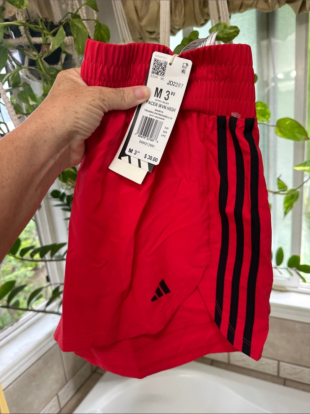 Adidas Women's Red Athletic Shorts with Black Stripes 3” Pacer WVN High